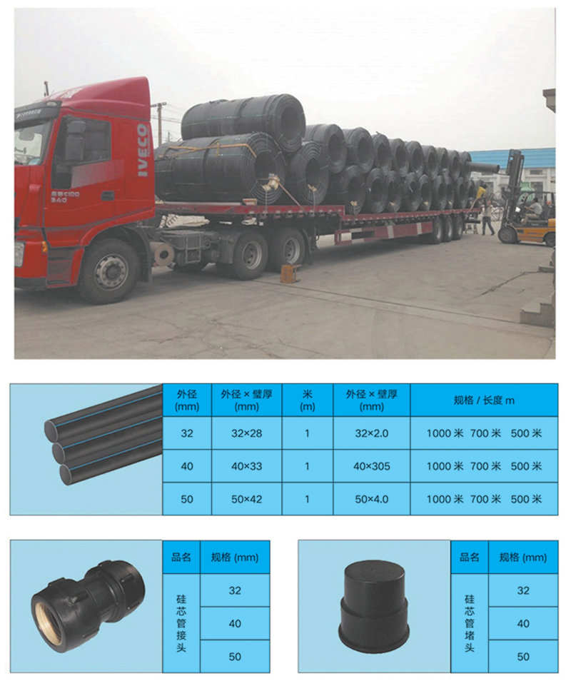 高密度聚乙烯(HDPE )硅芯管制作，系采用特種HDPE原料加硅料共擠復合而成，具備以下基本特性: 1.管道的強度，包括抗壓，抗張和抗沖擊能力，充分考慮到光(電)纜保護所需的安全系數(shù)，不再需要大管作外層保護。 2、硅管曲率半徑小，為其外徑的十倍。敷管時遇到彎曲處和上下管落差處可隨路而轉(zhuǎn)或隨坡而走，無須作任何特別處理，更不必設(shè)入井過渡。 3、其內(nèi)壁的硅芯層是固體的，永久的潤滑濟。 4、其內(nèi)壁的硅芯層被同步擠壓進壁內(nèi)，均勻地分布于整個內(nèi)壁，硅芯層與高度密聚乙烯具有相同的物理和機械特性:不會剝落，脫離。 5、其內(nèi)壁硅芯層的摩擦特性保持不變，纜線在管道內(nèi)反復抽取。 6、其內(nèi)璧的硅芯層不與水溶，污物進管后可用水沖洗管道，可免遭嚙齒動物破壞。7、抗老化，使用壽命長，埋入地下可達50年以上。 8、耐候性能好。 9、施工快捷，可大降低工程造價。